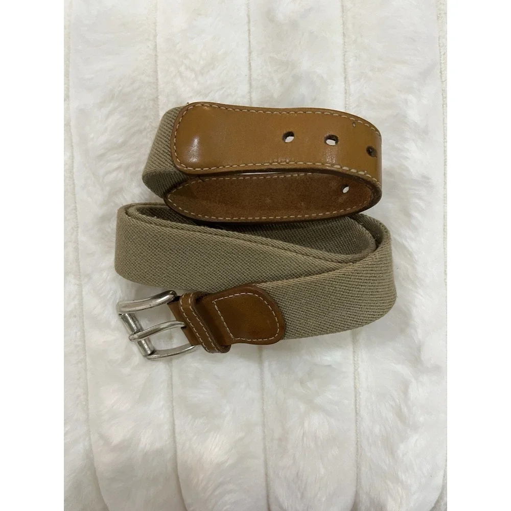 L.L. Bean‎ Stretch Canvas Belt Mens 46 Brown Leather Trim Khaki Woven Excellent